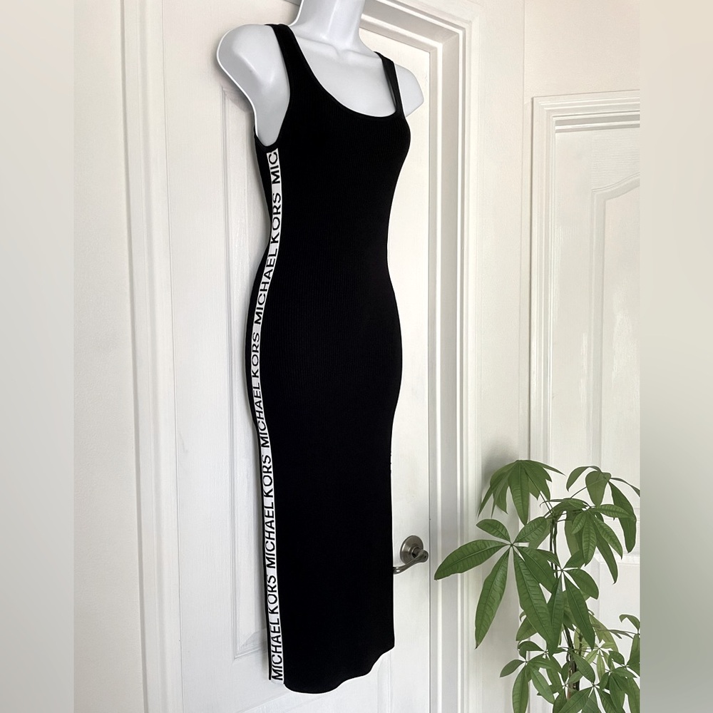 Michael Kors Ribbed Black White MK Stretch Knit Logo Tape Midi Tank Dress - Picture 2 of 13
